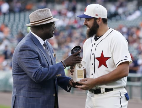 DETROIT, MI – JULY 1: Bob Kendrick, president of the Negro Leagues Baseball Museum, presents Michael Fulmer #32 of the Detroit Tigers with the Larry Doby Legacy Award for American League Rookie of the Year before game two of a doubleheader against the Cleveland Indians at Comerica Park on July 1, 2017 in Detroit, Michigan. (Photo by Duane Burleson/Getty Images)