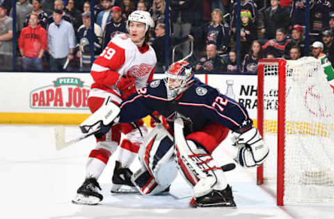 COLUMBUS, OH – APRIL 3: Tyler Bertuzzi #59 of the Detroit Red Wings skates by goaltender Sergei Bobrovsky #72 of the Columbus Blue Jackets on April 3, 2018 at Nationwide Arena in Columbus, Ohio. (Photo by Jamie Sabau/NHLI via Getty Images) *** Local Caption *** Tyler Bertuzzi;Sergei Bobrovsky