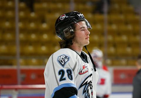 Conor Geekie #28 of Team White skates during morning skate of the the 2022 CHL/NHL Top Prospects Game (Photo by Chris Tanouye/Getty Images)