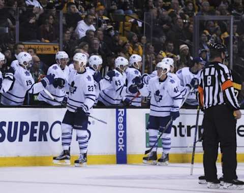 Jan 16, 2016; Boston, MA, USA; Toronto Maple Leafs center Shawn Matthias (23) is greeted at the bench after scoring a goal during the second period against the Boston Bruins at TD Garden. Mandatory Credit: Bob DeChiara-USA TODAY Sports