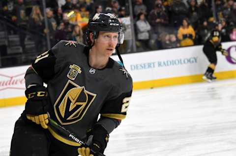 LAS VEGAS, NV – JANUARY 02: Cody Eakin #21 of the Vegas Golden Knights skates during warmups before a game against the Nashville Predators at T-Mobile Arena on January 2, 2018, in Las Vegas, Nevada. The Golden Knights won 3-0. (Photo by Ethan Miller/Getty Images)