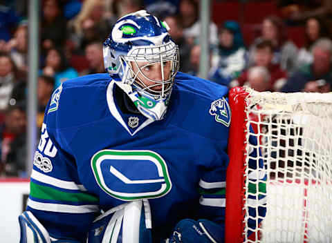 VANCOUVER, BC – MARCH 28: Ryan Miller #30 of the Vancouver Canucks looks on from his crease during their NHL game against the Anaheim Ducks at Rogers Arena March 28, 2017 in Vancouver, British Columbia, Canada. (Photo by Jeff Vinnick/NHLI via Getty Images)