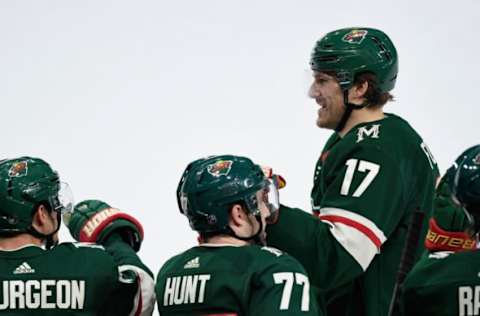 ST PAUL, MINNESOTA – JANUARY 05: Marcus Foligno #17 of the Minnesota Wild celebrates his goal against the Calgary Flames during the first period at Xcel Energy Center on January 5, 2020, in St Paul, Minnesota. (Photo by Hannah Foslien/Getty Images)