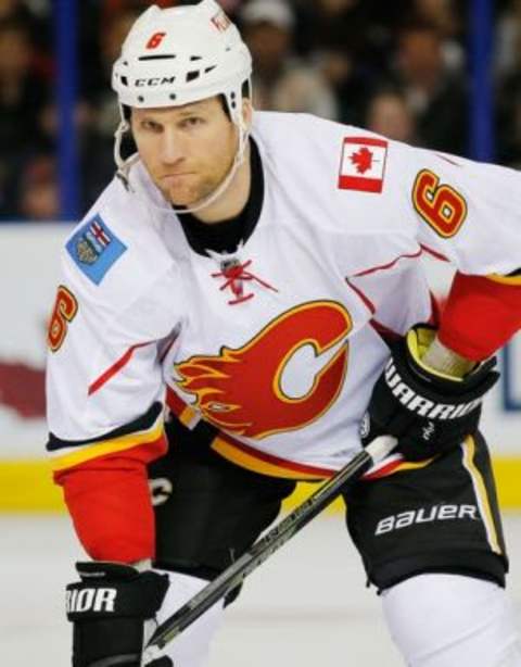 Jan 16, 2016; Edmonton, Alberta, CAN; Calgary Flames defensemen Dennis Wideman (6) skates against the Edmonton Oilers at Rexall Place. Mandatory Credit: Perry Nelson-USA TODAY Sports