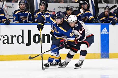 Sep 26, 2023; St. Louis, Missouri, USA; Columbus Blue Jackets right wing Trey Fix-Wolansky (64) battles St. Louis Blues defenseman Scott Perunovich (48) during the third period at Enterprise Center. Mandatory Credit: Jeff Le-USA TODAY Sports