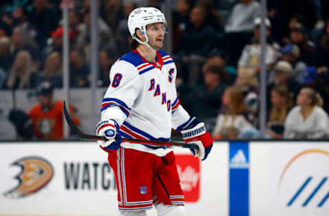 ANAHEIM, CALIFORNIA – NOVEMBER 23: Jacob Trouba #8 of the New York Rangers in the second period at Honda Center on November 23, 2022, in Anaheim, California. (Photo by Ronald Martinez/Getty Images)