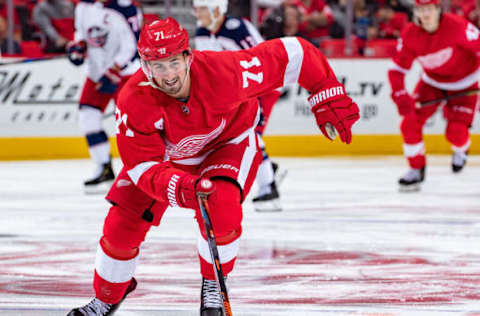 DETROIT, MI – OCTOBER 04: Dylan Larkin #71 of the Detroit Red Wings skates up ice against the Columbus Blue Jackets during an NHL game at Little Caesars Arena on October 4, 2018, in Detroit, Michigan. Columbus defeated Detroit 3-2 in overtime. (Photo by Dave Reginek/NHLI via Getty Images)