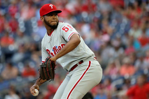 Dominguez dials up a four-seam fastball, but the Phillies need a second dominate weapon in the pen. Photo by Rob Carr/Getty Images.