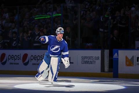 Mar 11, 2023; Tampa, Florida, USA; Tampa Bay Lightning goaltender Brian Elliott (1) is named player of the game after beating the Chicago Blackhawks at Amalie Arena. Mandatory Credit: Nathan Ray Seebeck-USA TODAY Sports