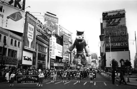 A Popeye balloon in the Macy's Thanksgiving parade in New York, circa 1961.