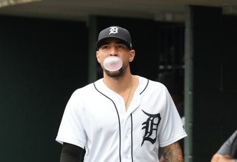 DETROIT, MI – AUGUST 01: Nicholas Castellanos #9 of the Detroit Tigers looks on from the dugout and blows a bubble during the game against the Cincinnati Reds at Comerica Park on August 1, 2018 in Detroit, Michigan. The Tigers defeated the Reds 7-4. (Photo by Mark Cunningham/MLB Photos via Getty Images)