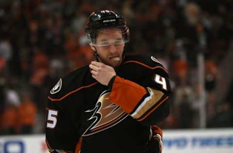 Apr 27, 2016; Anaheim, CA, USA; Anaheim Ducks defenseman Sami Vatanen (45) reacts after game seven of the first round of the 2016 Stanley Cup Playoffs against the Nashville Predators at Honda Center. The Predators defeated the Ducks 2-1 to win the series 4-3. Mandatory Credit: Kirby Lee-USA TODAY Sports