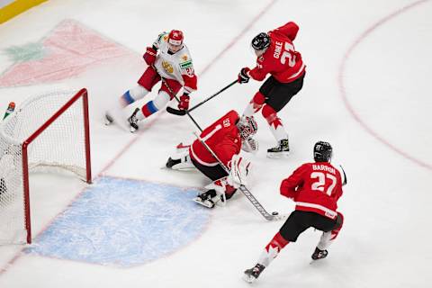 EDMONTON, AB – JANUARY 04: Kaiden Guhle and Justin Barron. (Photo by Codie McLachlan/Getty Images)