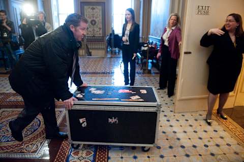 UNITED STATES – FEBRUARY 29: Lord Stanley’s Cup is wheeled into the Senate Foreign Relations Committee room in the U.S. Capitol for a photo-op with the Massachusetts delegation on Wednesday, Feb. 29, 2012. The Boston Bruins won the Stanley Cup in 2011. (Photo By Bill Clark/CQ Roll Call)