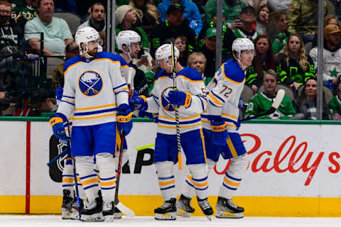 Feb 27, 2022; Dallas, Texas, USA; Buffalo Sabres right wing Tage Thompson (72) celebrates and left wing Jeff Skinner (53) and right wing Alex Tuch (89) celebrates a goal scored by Thompson against the Dallas Stars during the second period at the American Airlines Center. Mandatory Credit: Jerome Miron-USA TODAY Sports