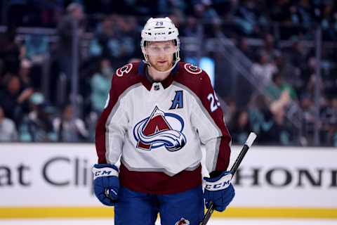 SEATTLE, WASHINGTON – APRIL 28: Nathan MacKinnon #29 of the Colorado Avalanche looks on against the Seattle Kraken during the second period in Game Six of the First Round of the 2023 Stanley Cup Playoffs at Climate Pledge Arena on April 28, 2023 in Seattle, Washington. (Photo by Steph Chambers/Getty Images)