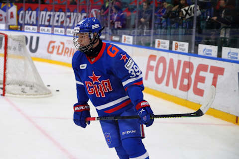 SAINT PETERSBURG, RUSSIA – 2022/10/11: SKA Hockey Club player, Matvei Michkov (No.39) seen in action during the Kontinental Hockey League, regular season KHL 2022 – 2023 between SKA Saint Petersburg and Dinamo Minsk at the Ice Sports Palace.(Final score; SKA Saint Petersburg 3:2 Dinamo Minsk). (Photo by Maksim Konstantinov/SOPA Images/LightRocket via Getty Images)