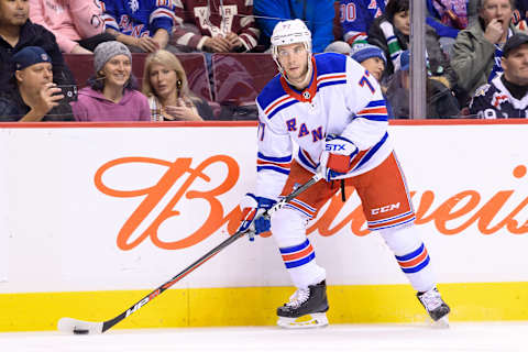 VANCOUVER, BC – FEBRUARY 28: New York Rangers Defenceman Tony DeAngelo (77) skates with the puck during their NHL game against the Vancouver Canucks at Rogers Arena on February 28, 2018 in Vancouver, British Columbia, Canada. New York won 6-5. (Photo by Derek Cain/Icon Sportswire via Getty Images)