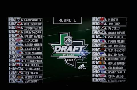 DALLAS, TX – JUNE 22: A general view of the first thirty-one selections are shown on the board after the first round of the 2018 NHL Draft at American Airlines Center on June 22, 2018 in Dallas, Texas. (Photo by Ron Jenkins/Getty Images)