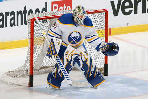 SUNRISE, FL – DECEMBER 2: Goaltender Aaron Dell #80 of the Buffalo Sabres warms up prior to the game against the Florida Panthers at the FLA Live Arena on December 2, 2021 in Sunrise, Florida. (Photo by Joel Auerbach/Getty Images)