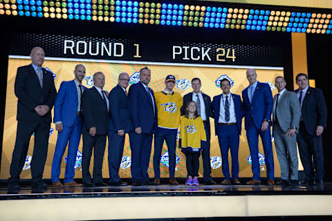 VANCOUVER, BC – JUNE 21: Philip Tomasino poses for a photo onstage with the Nashville Predators draft team after being selected twenty-four overall by the Nashville Predators during the first round of the 2019 NHL Draft at Rogers Arena on June 21, 2019 in Vancouver, British Columbia, Canada. (Photo by Derek Cain/Icon Sportswire via Getty Images)