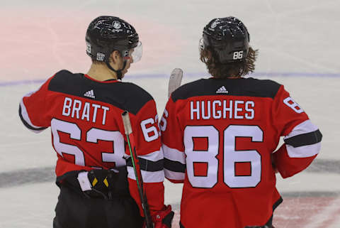 New Jersey Devils Jesper Bratt (63) and Jack Hughes (86): (Ed Mulholland-USA TODAY Sports)