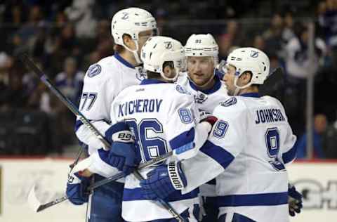 Nov 1, 2016; Brooklyn, NY, USA; Tampa Bay Lightning right wing Nikita Kucherov (86) celebrates his goal against the New York Islanders with teammates during the first period at Barclays Center. Mandatory Credit: Brad Penner-USA TODAY Sports