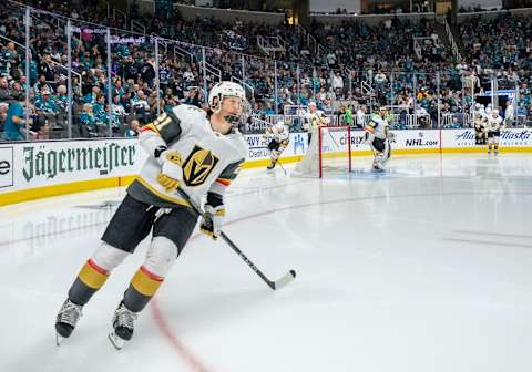 SAN JOSE, CA – APRIL 23: Vegas Golden Knights center Cody Eakin (21) warms up before the beginning of the second period of Game 7, Round 1 between the Vegas Golden Knights and the San Jose Sharks on Tuesday, April 23, 2019 at the SAP Center in San Jose, California. (Photo by Douglas Stringer/Icon Sportswire via Getty Images)