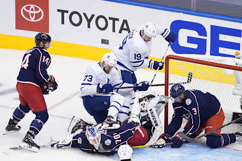 TORONTO, ONTARIO – AUGUST 06: Kyle Clifford #73 and Jason Spezza #19 of the Toronto Maple Leafs. (Photo by Andre Ringuette/Freestyle Photo/Getty Images)