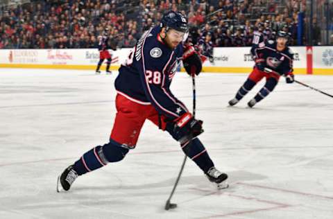 COLUMBUS, OH – FEBRUARY 6: Oliver Bjorkstrand #28 of the Columbus Blue Jackets skates against the Washington Capitals on February 6, 2018 at Nationwide Arena in Columbus, Ohio. (Photo by Jamie Sabau/NHLI via Getty Images)