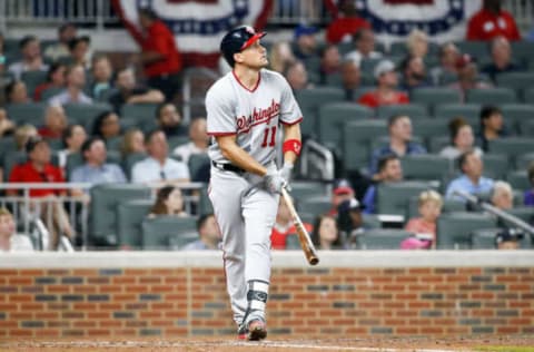 Apr 20, 2017; Atlanta, GA, USA; Washington Nationals first baseman Ryan Zimmerman (11) hits a home run against the Atlanta Braves in the sixth inning at SunTrust Park. Mandatory Credit: Brett Davis-USA TODAY Sports