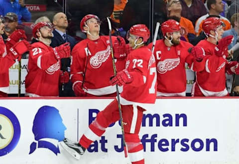 Nov 2, 2016; Philadelphia, PA, USA; Detroit Red Wings center Andreas Athanasiou (72) celebrates his goal against Philadelphia Flyers during the first period at Wells Fargo Center. Mandatory Credit: Eric Hartline-USA TODAY Sports