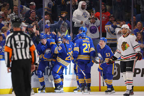 Oct 29, 2022; Buffalo, New York, USA; Buffalo Sabres right wing Tage Thompson (72) celebrates his second goal of the game with teammates during the third period against the Chicago Blackhawks at KeyBank Center. Mandatory Credit: Timothy T. Ludwig-USA TODAY Sports