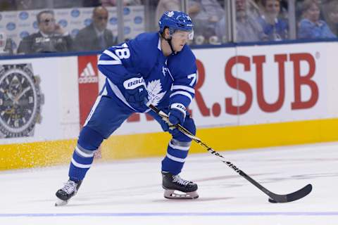 TORONTO, ON – SEPTEMBER 24: Toronto Maple Leafs Defenceman Rasmus Sandin (78) skates with the puck during the NHL preseason game between the Montreal Canadiens and the Toronto Maple Leafs on September 24, 2018, at Scotiabank Arena in Toronto, ON, Canada. (Photo by Julian Avram/Icon Sportswire via Getty Images)