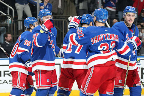 NEW YORK, NY – MARCH 01: Brendan Lemieux #48 of the New York Rangers celebrates with teammates after scoring his first goal as a Ranger in the third period against the Montreal Canadiens at Madison Square Garden on March 1, 2019 in New York City. (Photo by Jared Silber/NHLI via Getty Images)