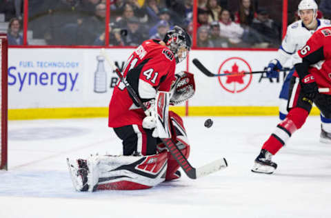 OTTAWA, ON – APRIL 01: Ottawa Senators Goalie Craig Anderson (41) makes a save during third period National Hockey League action between the Tampa Bay Lightning and Ottawa Senators on April 1, 2019, at Canadian Tire Centre in Ottawa, ON, Canada. (Photo by Richard A. Whittaker/Icon Sportswire via Getty Images)