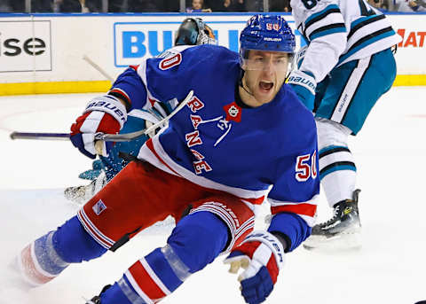 NEW YORK, NEW YORK – DECEMBER 03: Will Cuylle #50 of the New York Rangers scores at 15:0-3 of the second period against Mackenzie Blackwood #29 of the San Jose Sharks at Madison Square Garden on December 03, 2023 in New York City. (Photo by Bruce Bennett/Getty Images)