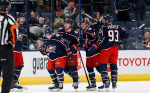 Sep 25, 2022; Columbus, Ohio, USA; Columbus Blue Jackets right wing Justin Danforth (17) celebrates his goal during the first period against the Pittsburgh Penguins at Nationwide Arena. Mandatory Credit: Joseph Maiorana-USA TODAY Sports