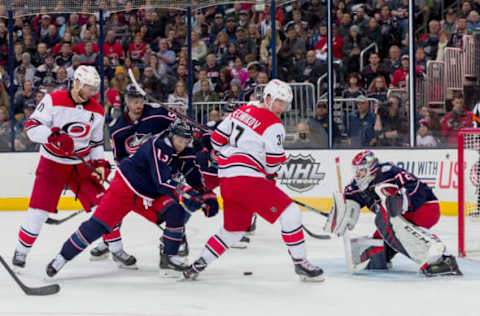 COLUMBUS, OH – MARCH 15: Columbus Blue Jackets goaltender Sergei Bobrovsky (72) deflects a shot from Carolina Hurricanes right wing Andrei Svechnikov (37) in a game between the Columbus Blue Jackets and the Carolina Hurricanes on March 15, 2019 at Nationwide Arena in Columbus, OH. (Photo by Adam Lacy/Icon Sportswire via Getty Images)