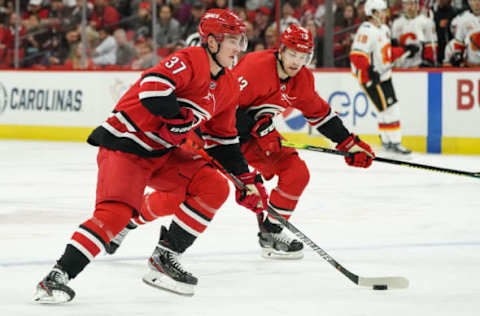 RALEIGH, NC – OCTOBER 29: Carolina Hurricanes Left Wing Andrei Svechnikov (37) skates the puck up the ice during a game between the Calgary Flames and the Carolina Hurricanes at the PNC Arena in Raleigh, NC on October 29, 2019. (Photo by Greg Thompson/Icon Sportswire via Getty Images)