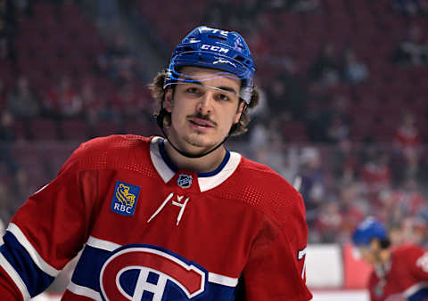 Oct 12, 2022; Montreal, Quebec, CAN; Headsot of Montreal Canadiens defenseman Arber Xhekaj (72) during the warmup period before the game against the Toronto Maple Leafs at the Bell Centre. Mandatory Credit: Eric Bolte-USA TODAY Sports