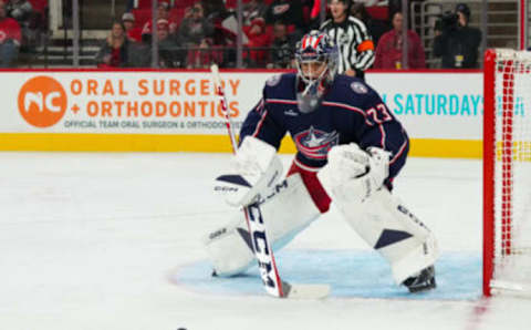 Oct 3, 2022; Raleigh, North Carolina, USA; Columbus Blue Jackets goaltender Jet Greaves (73) watches the puck against the Carolina Hurricanes during the third period at PNC Arena. Mandatory Credit: James Guillory-USA TODAY Sports