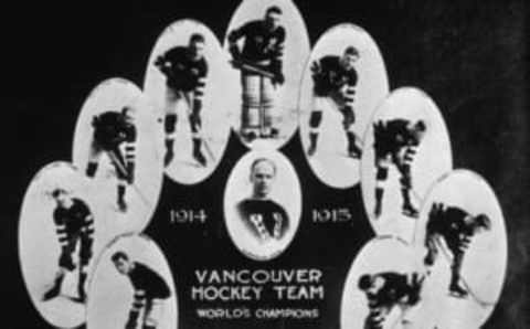 Individual team portraits of members of the 1914-1915 Stanley Cup-winning Vancouver Millionaires hockey team, 1915. Clustered around a portrait of team captain Si Griffiths are, clockwise from lower left, Kenneth Mallin, Frank Nighbor, Fred Taylor, Frank Patrick, Hugh Lehman, Lloyd Cook, Duncan McKay, Russell Stanley, and Jim Seaborn. (Photo by Hulton Archive/Getty Images)