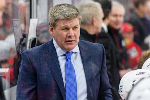 CHICAGO, IL – MARCH 08: Carolina Hurricanes head coach Bill Peters looks on during an NHL hockey game between the Carolina Hurricanes and the Chicago Blackhawks on March 08, 2018, at the United Center in Chicago, IL. The Hurricanes won 3-2. (Photo by Daniel Bartel/Icon Sportswire via Getty Images)