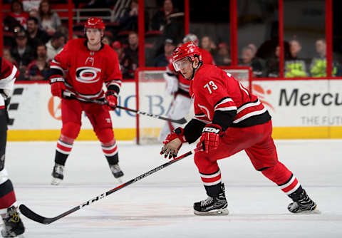 RALEIGH, NC – MARCH 22: Valentin Zykov #73 of the Carolina Hurricanes skates for position on the ice during an NHL game against the Arizona Coyotes on March 22, 2018 at PNC Arena in Raleigh, North Carolina. (Photo by Gregg Forwerck/NHLI via Getty Images)