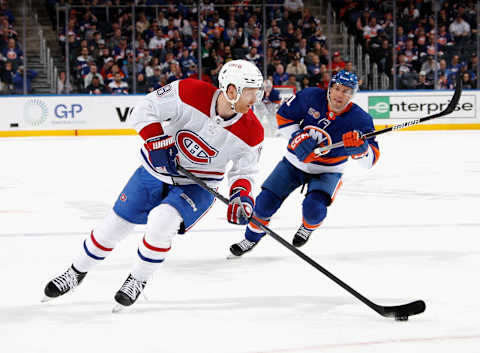 ELMONT, NEW YORK – APRIL 12: Mike Matheson #8 of the Montreal Canadiens skates against the New York Islanders at the UBS Arena on April 12, 2023 in Elmont, New York. (Photo by Bruce Bennett/Getty Images)