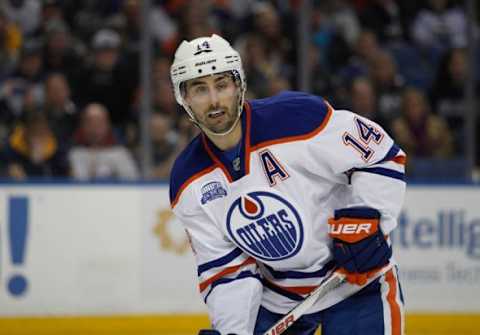 Mar 1, 2016; Buffalo, NY, USA; Edmonton Oilers right wing Jordan Eberle (14) against the Buffalo Sabres at First Niagara Center. Mandatory Credit: Timothy T. Ludwig-USA TODAY Sports