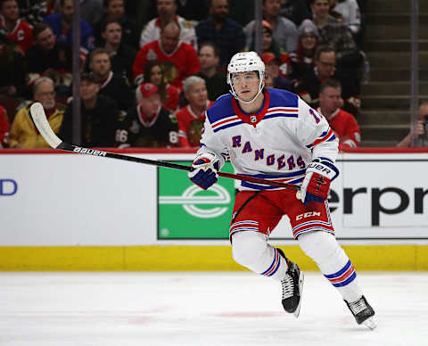 CHICAGO, ILLINOIS – FEBRUARY 19: Julien Gauthier #12 of the New York Rangers skates against the Chicago Blackhawks at the United Center on February 19, 2020 in Chicago, Illinois. (Photo by Jonathan Daniel/Getty Images)