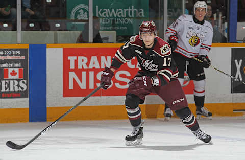 PETERBOROUGH, ON – MARCH 2: Pavel Gogolev #17 of the Peterborough Petes skates against the Owen Sound Attack during an OHL game at the Peterborough Memorial Centre on March 2, 2017 in Peterborough, Ontario, Canada. The Petes defeated the Attack 5-4 in overtime. (Photo by Claus Andersen/Getty Images)