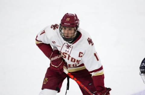 CHESTNUT HILL, MA – NOVEMBER 26: David Cotton #17 of the Boston College Eagles skates against the Yale Bulldogs during NCAA men’s hockey at Kelley Rink on November 26, 2019 in Chestnut Hill, Massachusetts. The Eagles won 6-2. (Photo by Richard T Gagnon/Getty Images)